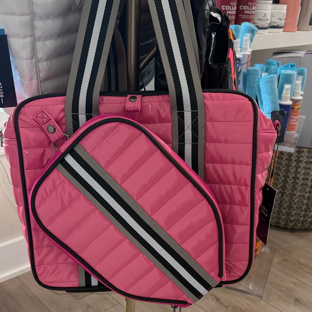 THINK ROYLN Hot Pink Quilted pickleball bag w/Striped Strap and Matching Pouch